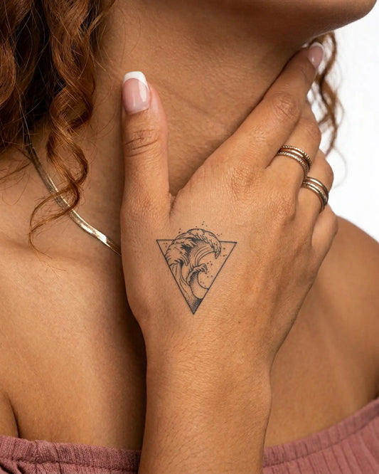 INKY Triangle Wave semi-permanent tattoo applied on a woman – 2 x 2 in (4x4 cm) design, realistic ink look, lasts 10 days