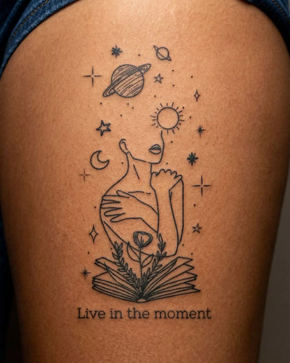 INKY Inner Cosmos 2 semi-permanent tattoo applied on a woman – 4 x 7 in (10x17 cm) design, realistic ink look, lasts 10 days