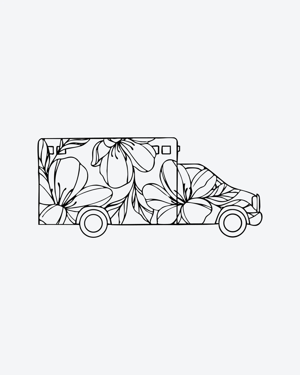 Flower Van semi-permanent tattoo design by INKY – Fine Line, Flower, Leaves illustration, 2 x 2 in (4x4 cm), available at inkytatt.com