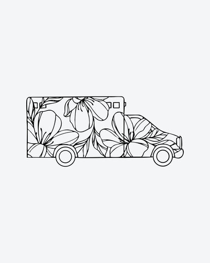 Flower Van semi-permanent tattoo design by INKY – Fine Line, Flower, Leaves illustration, 2 x 2 in (4x4 cm), available at inkytatt.com