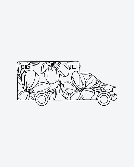 Flower Van semi-permanent tattoo design by INKY – Fine Line, Flower, Leaves illustration, 2 x 2 in (4x4 cm), available at inkytatt.com