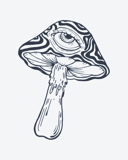 Mystic Shroom 2 semi-permanent tattoo design by INKY – Mushroom, Eye, Pattern, Stem illustration, 2 x 2 in (4x4 cm), available at inkytatt.com