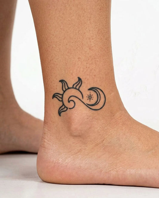 INKY Sun & Moon semi-permanent tattoo applied on a woman – 2 x 2 in (4x4 cm) design, realistic ink look, lasts 10 days