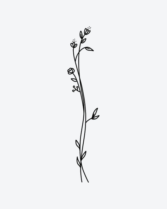 Tiny Blooms semi-permanent tattoo design by INKY – Fine Line, Flower, Leaves, Dotwork, Stem illustration, 2 x 4 in (6x10 cm), available at inkytatt.com