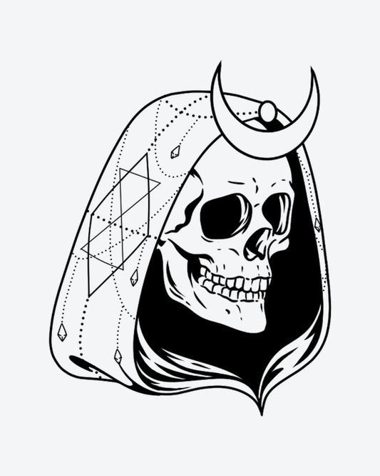 Moon Reaper semi-permanent tattoo design by INKY – Crescent Moon, Skull, Geometric, Dotwork, Lines illustration, 3 x 3 in (7x7 cm), available at inkytatt.com
