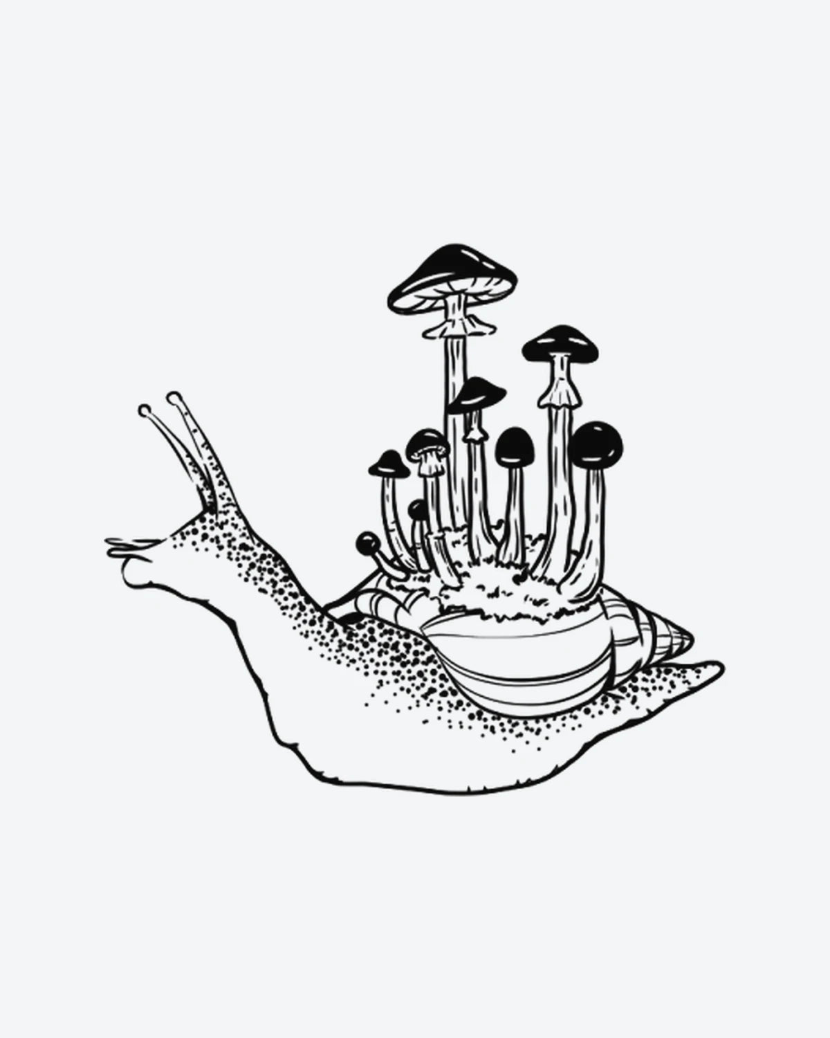Snail Shrooms semi-permanent tattoo design by INKY – Fine Line, Mushroom, Dotwork illustration, 3 x 3 in (7x7 cm), available at inkytatt.com