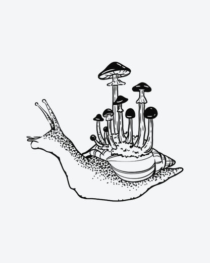 Snail Shrooms semi-permanent tattoo design by INKY – Fine Line, Mushroom, Dotwork illustration, 3 x 3 in (7x7 cm), available at inkytatt.com