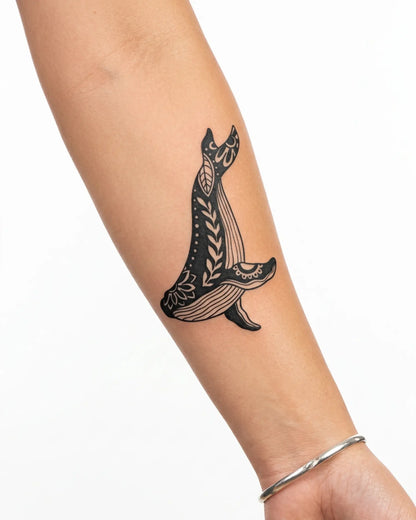 INKY Ocean Bloom semi-permanent tattoo applied on a woman – 3 x 4 in (7x10 cm) design, realistic ink look, lasts 10 days