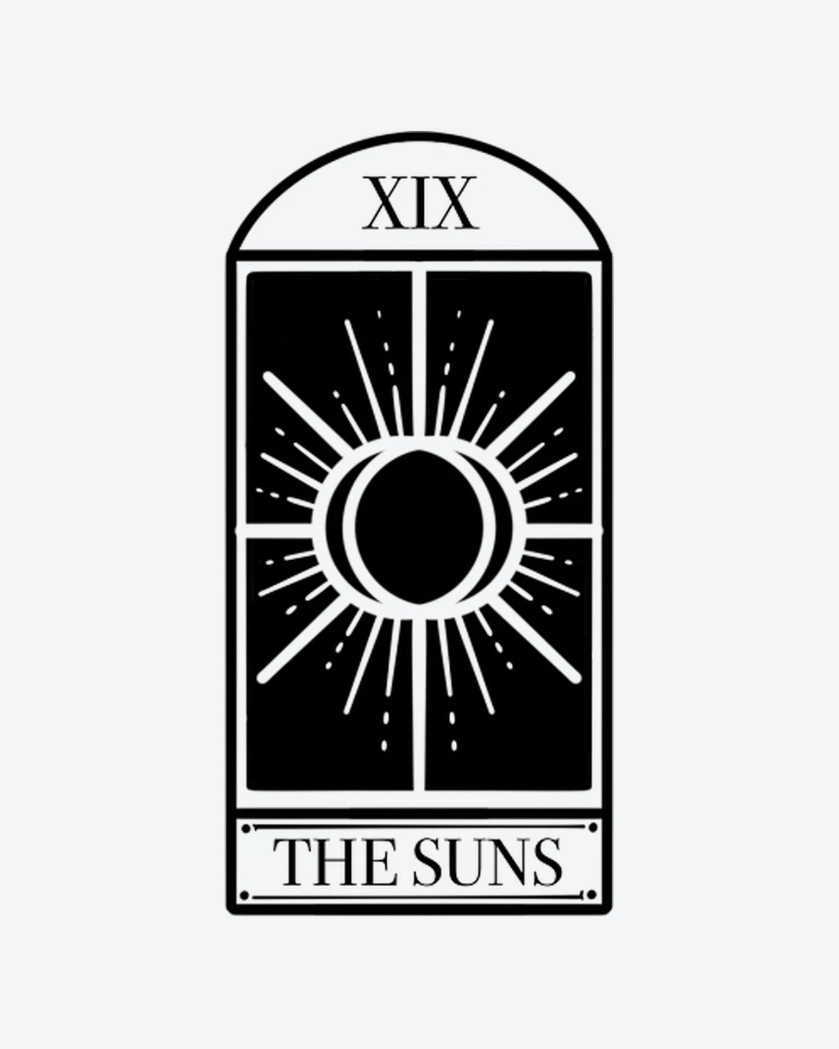 Tarot Suns semi-permanent tattoo design by INKY – Crescent Moon, Roman Numeral, Sun, Geometric, Dots illustration, 2 x 4 in (6x10 cm), available at inkytatt.com