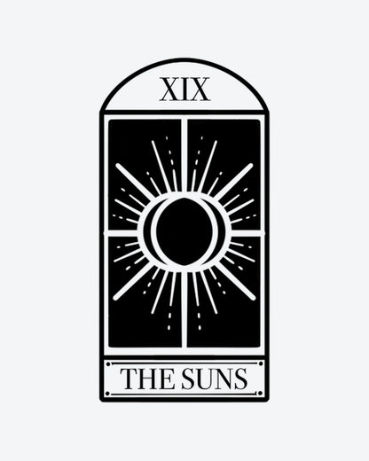 Tarot Suns semi-permanent tattoo design by INKY – Crescent Moon, Roman Numeral, Sun, Geometric, Dots illustration, 2 x 4 in (6x10 cm), available at inkytatt.com