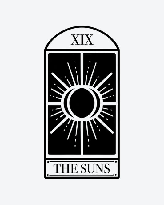 Tarot Suns semi-permanent tattoo design by INKY – Crescent Moon, Roman Numeral, Sun, Geometric, Dots illustration, 2 x 4 in (6x10 cm), available at inkytatt.com