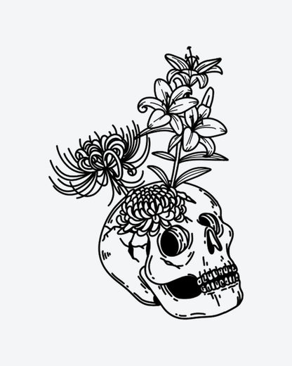 Skull Bloom semi-permanent tattoo design by INKY – Line Art, Spider, Skull illustration, 3 x 4 in (7x10 cm), available at inkytatt.com