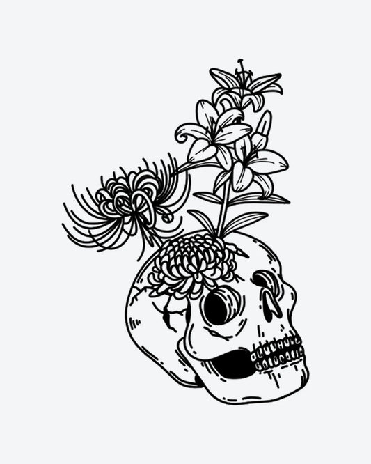 Skull Bloom semi-permanent tattoo design by INKY – Line Art, Spider, Skull illustration, 3 x 4 in (7x10 cm), available at inkytatt.com