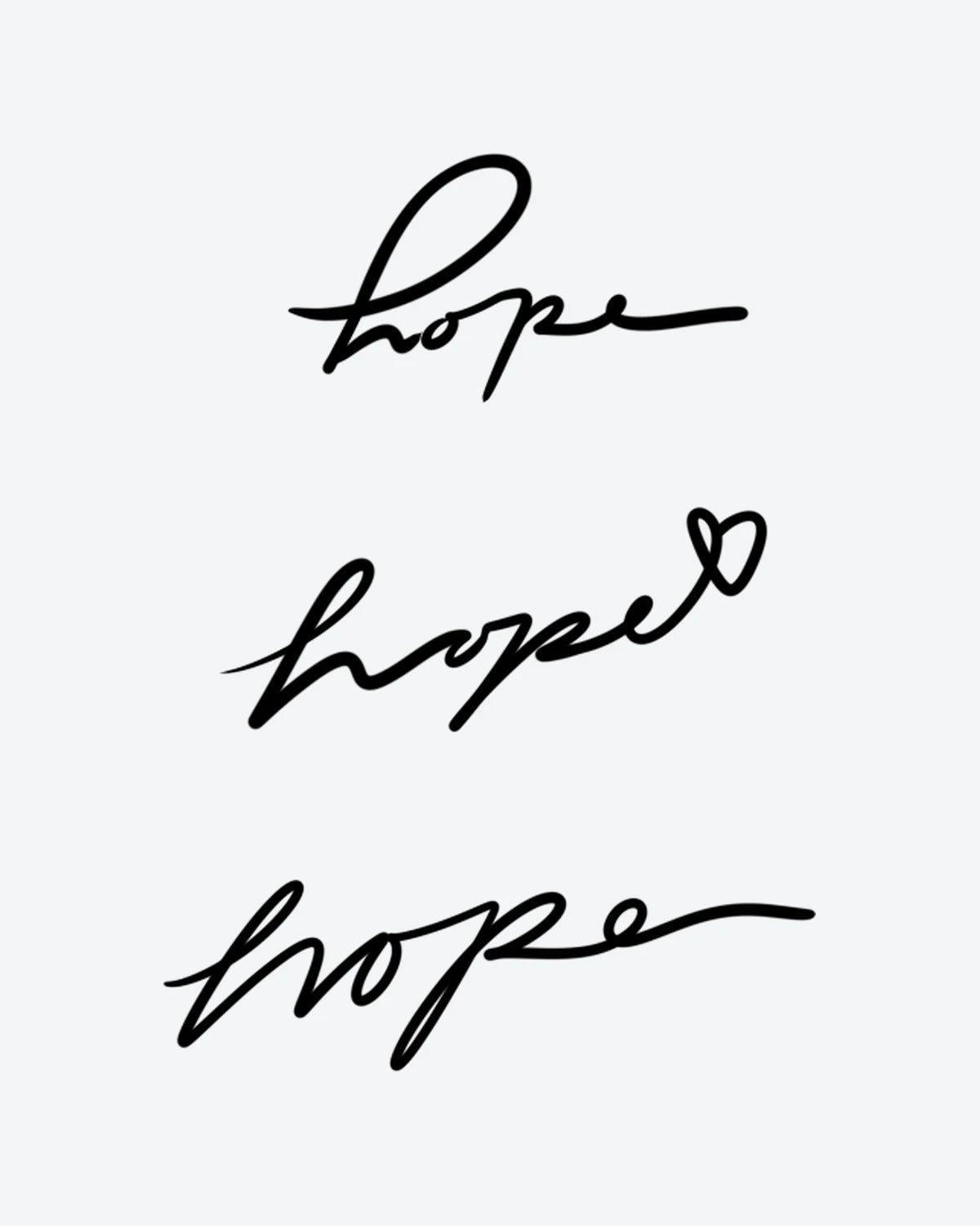 Hope Script semi-permanent tattoo design by INKY – Fine Line, Heart illustration, 3 x 4 in (7x10 cm), available at inkytatt.com