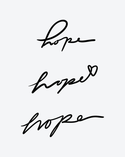 Hope Script semi-permanent tattoo design by INKY – Fine Line, Heart illustration, 3 x 4 in (7x10 cm), available at inkytatt.com
