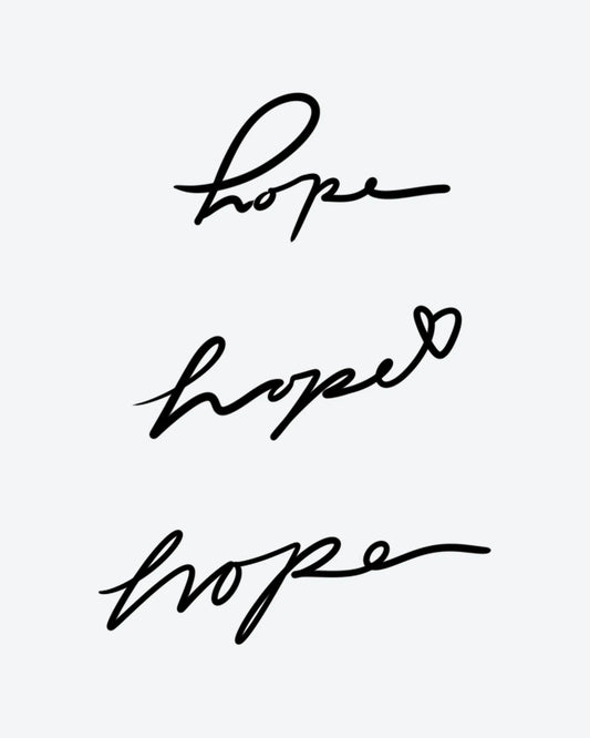 Hope Script semi-permanent tattoo design by INKY – Fine Line, Heart illustration, 3 x 4 in (7x10 cm), available at inkytatt.com