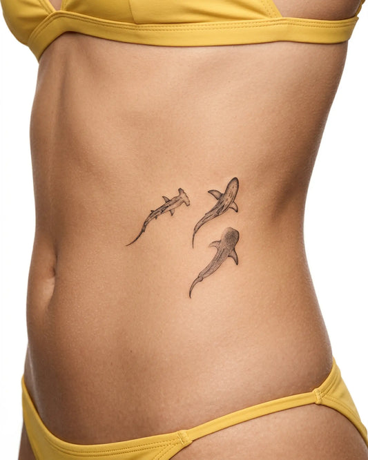 INKY Shark Trio semi-permanent tattoo applied on a woman – 3 x 3 in (7x7 cm) design, realistic ink look, lasts 10 days