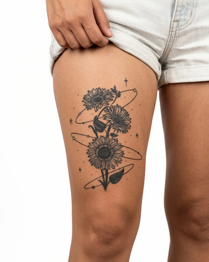 INKY Sunflower Orb semi-permanent tattoo applied on a woman – 4 x 7 in (10x17 cm) design, realistic ink look, lasts 10 days