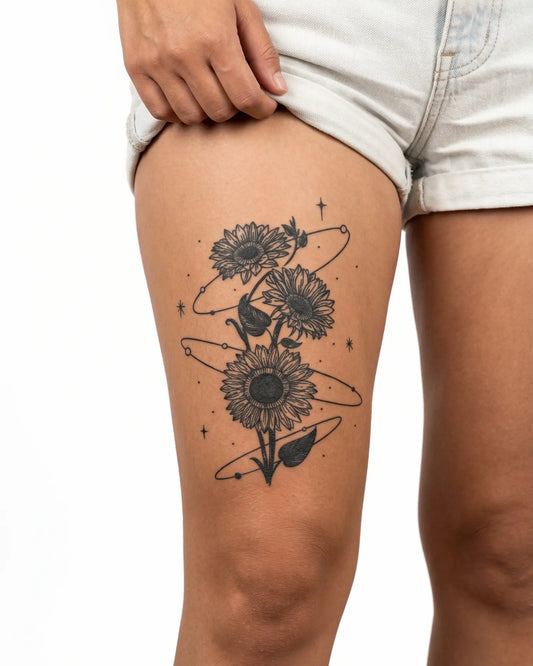 INKY Sunflower Orb semi-permanent tattoo applied on a woman – 4 x 7 in (10x17 cm) design, realistic ink look, lasts 10 days