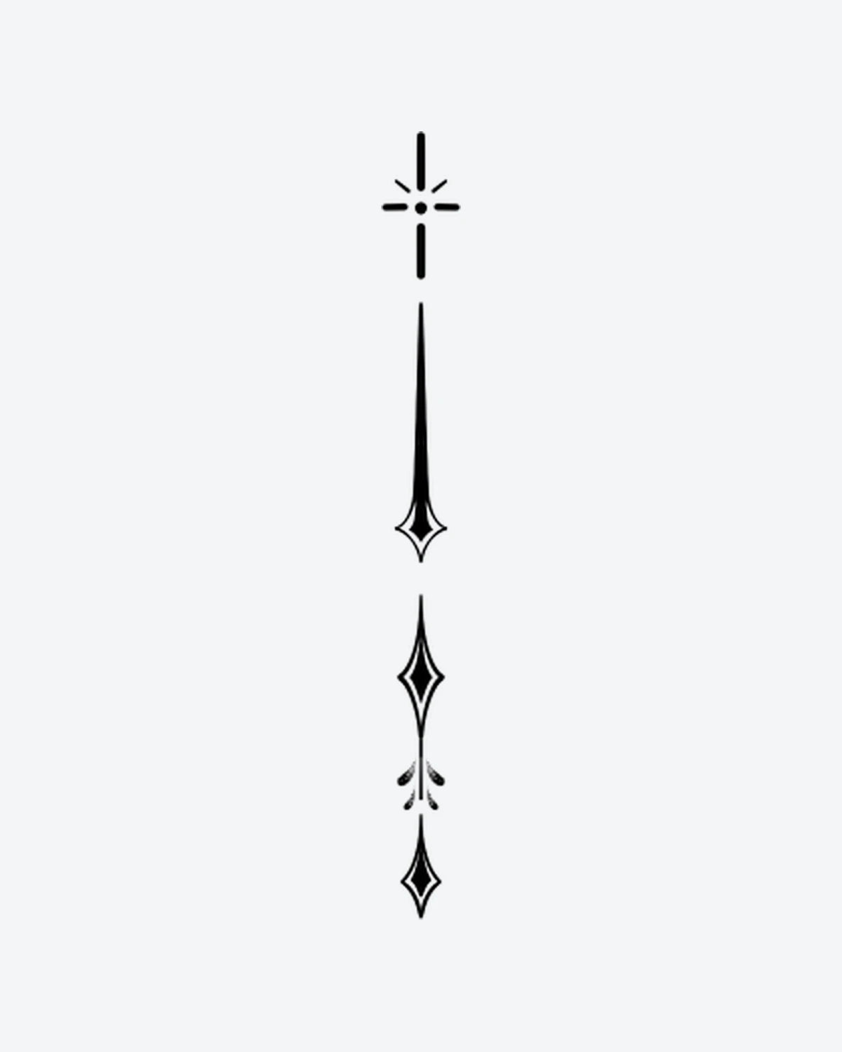 Celestial Dro semi-permanent tattoo design by INKY – Fine Line, Leaf, Starburst, Diamond, Geometric illustration, 2 x 4 in (6x10 cm), available at inkytatt.com