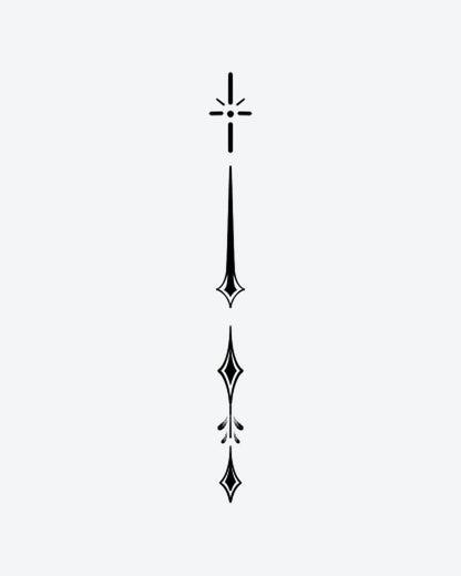 Celestial Dro semi-permanent tattoo design by INKY – Fine Line, Leaf, Starburst, Diamond, Geometric illustration, 2 x 4 in (6x10 cm), available at inkytatt.com