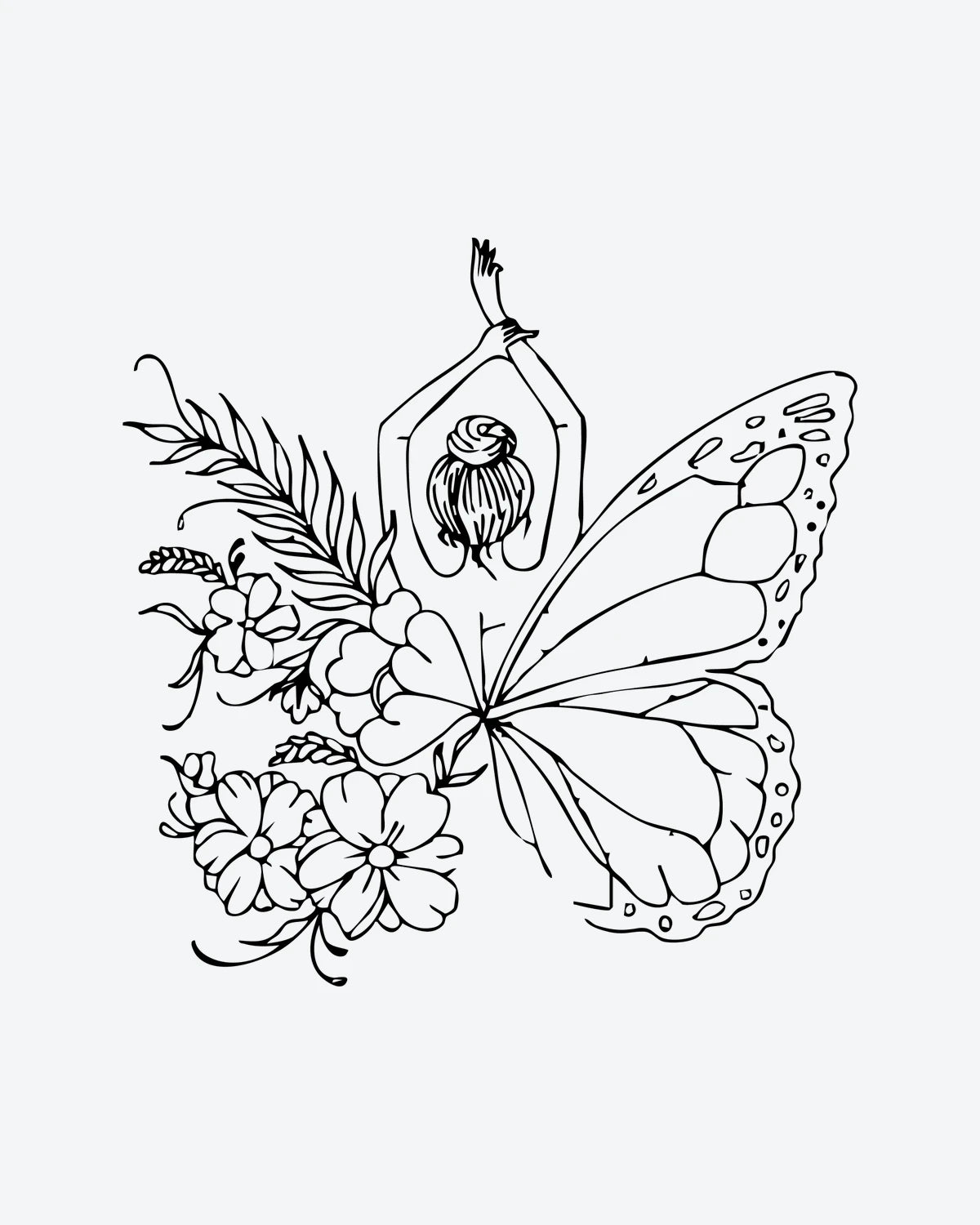 Butterfly Zen semi-permanent tattoo design by INKY – Line Art, Fine Line, Flower, Butterfly illustration, 3 x 3 in (7x7 cm), available at inkytatt.com