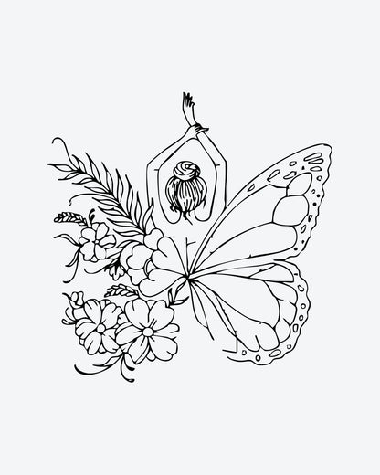 Butterfly Zen semi-permanent tattoo design by INKY – Line Art, Fine Line, Flower, Butterfly illustration, 3 x 3 in (7x7 cm), available at inkytatt.com