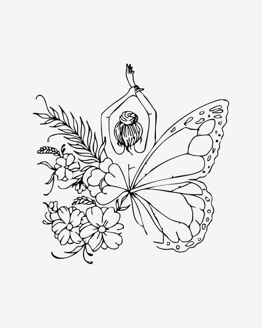 Butterfly Zen semi-permanent tattoo design by INKY – Line Art, Fine Line, Flower, Butterfly illustration, 3 x 3 in (7x7 cm), available at inkytatt.com
