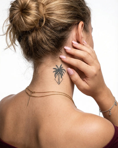 INKY Geo Palm semi-permanent tattoo applied on a woman – 2 x 2 in (4x4 cm) design, realistic ink look, lasts 10 days