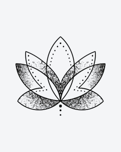 Zen Lotus semi-permanent tattoo design by INKY – Lotus Flower, Fine Line, Pattern, Petal, Blossom illustration, 3 x 3 in (7x7 cm), available at inkytatt.com