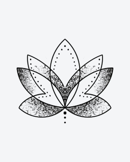 Zen Lotus semi-permanent tattoo design by INKY – Lotus Flower, Fine Line, Pattern, Petal, Blossom illustration, 3 x 3 in (7x7 cm), available at inkytatt.com
