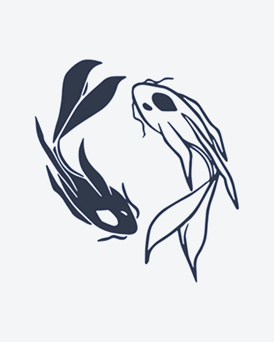 Yin Yang Fish semi-permanent tattoo design by INKY – Line Art, Fine Line, Fish, Eye, Pattern illustration, 2 x 2 in (4x4 cm), available at inkytatt.com