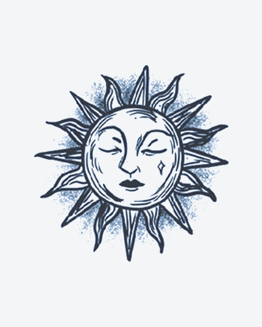 Mystic Sun 2 semi-permanent tattoo design by INKY – Line Art, Sun, Diamond, Eye, Face illustration, 3 x 3 in (7x7 cm), available at inkytatt.com