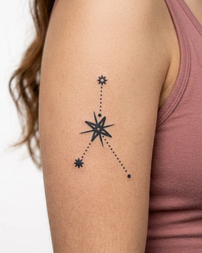 INKY Star Cancer semi-permanent tattoo applied on a woman – 3 x 3 in (7x7 cm) design, realistic ink look, lasts 10 days