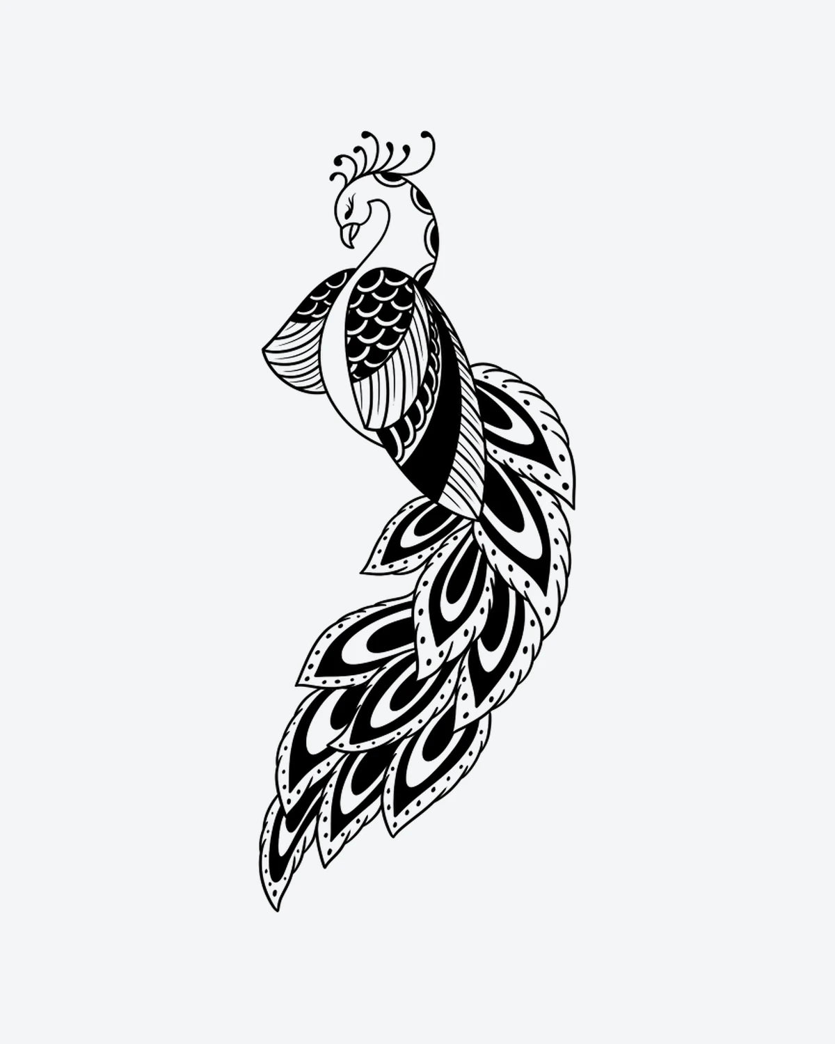 Zen Peacock semi-permanent tattoo design by INKY – Fine Line, Bird, Feather, Dotwork, Pattern illustration, 2 x 4 in (6x10 cm), available at inkytatt.com