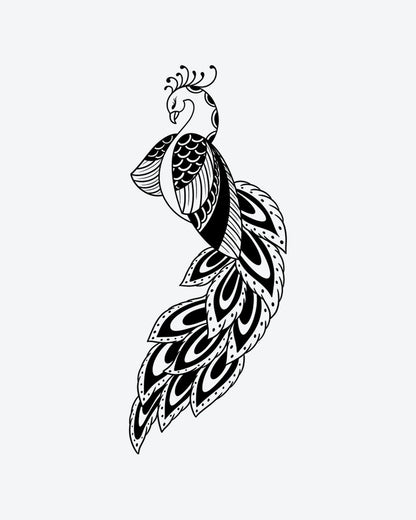 Zen Peacock semi-permanent tattoo design by INKY – Fine Line, Bird, Feather, Dotwork, Pattern illustration, 2 x 4 in (6x10 cm), available at inkytatt.com