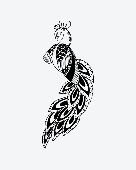 Zen Peacock semi-permanent tattoo design by INKY – Fine Line, Bird, Feather, Dotwork, Pattern illustration, 2 x 4 in (6x10 cm), available at inkytatt.com