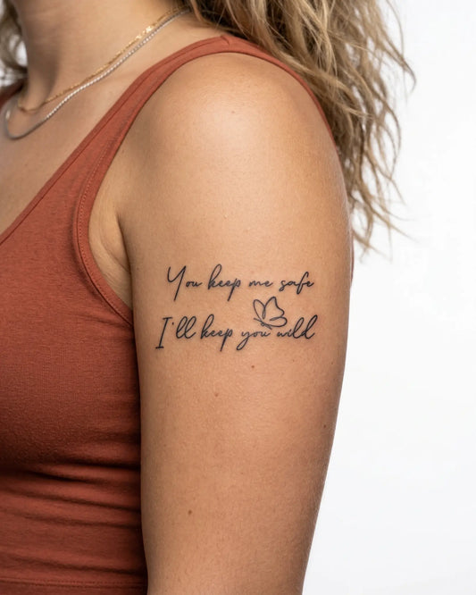 INKY Safe & Wild semi-permanent tattoo applied on a woman – 2 x 4 in (6x10 cm) design, realistic ink look, lasts 10 days