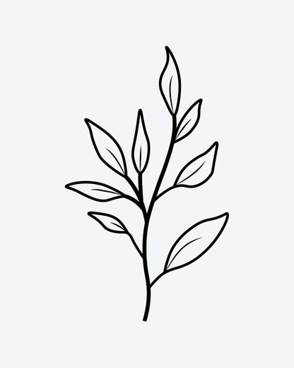 Leafy Sprig semi-permanent tattoo design by INKY – Fine Line, Leaves, Stem illustration, 0.5 x 0.5 in (1x1 cm), available at inkytatt.com