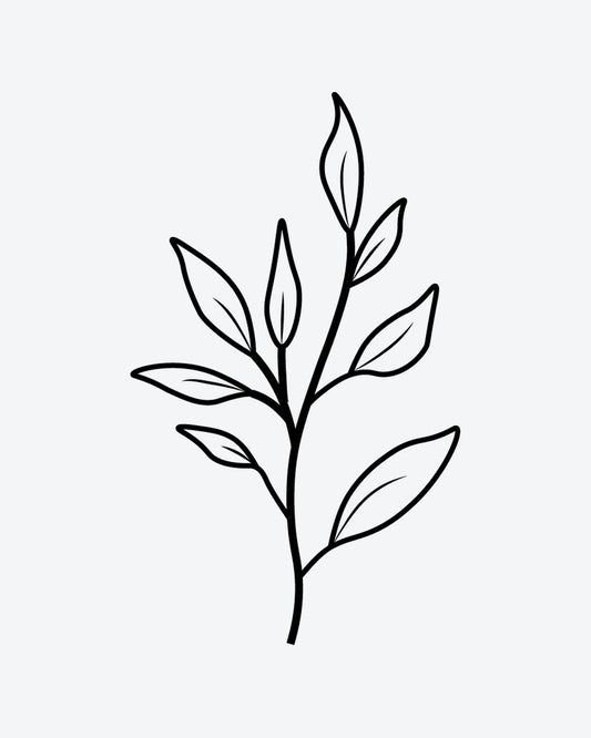 Leafy Sprig semi-permanent tattoo design by INKY – Fine Line, Leaves, Stem illustration, 0.5 x 0.5 in (1x1 cm), available at inkytatt.com