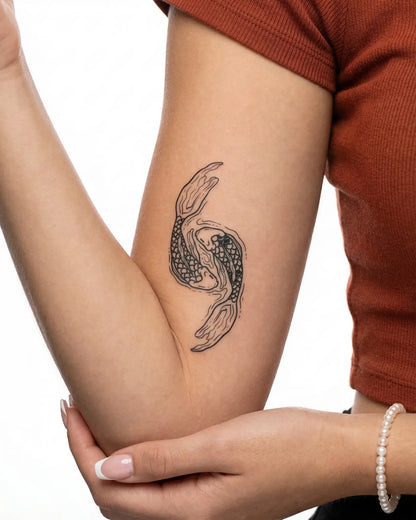 INKY Koi Flow semi-permanent tattoo applied on a woman – 2 x 4 in (6x10 cm) design, realistic ink look, lasts 10 days