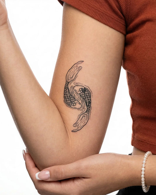 INKY Koi Flow semi-permanent tattoo applied on a woman – 2 x 4 in (6x10 cm) design, realistic ink look, lasts 10 days