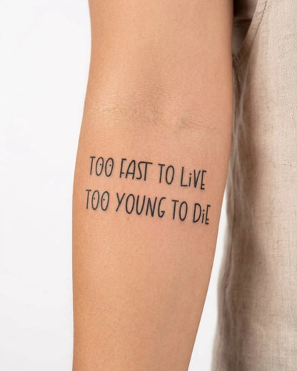 INKY Live Young semi-permanent tattoo applied on a woman – 2 x 4 in (6x10 cm) design, realistic ink look, lasts 10 days