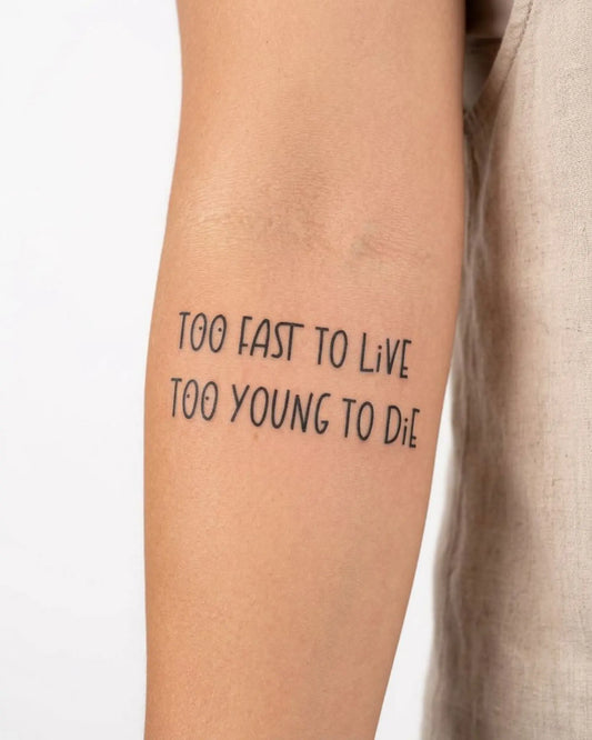 INKY Live Young semi-permanent tattoo applied on a woman – 2 x 4 in (6x10 cm) design, realistic ink look, lasts 10 days