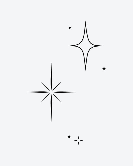 Sparkle Stars semi-permanent tattoo design by INKY – Fine Line, Star, Sparkle illustration, 2 x 2 in (4x4 cm), available at inkytatt.com