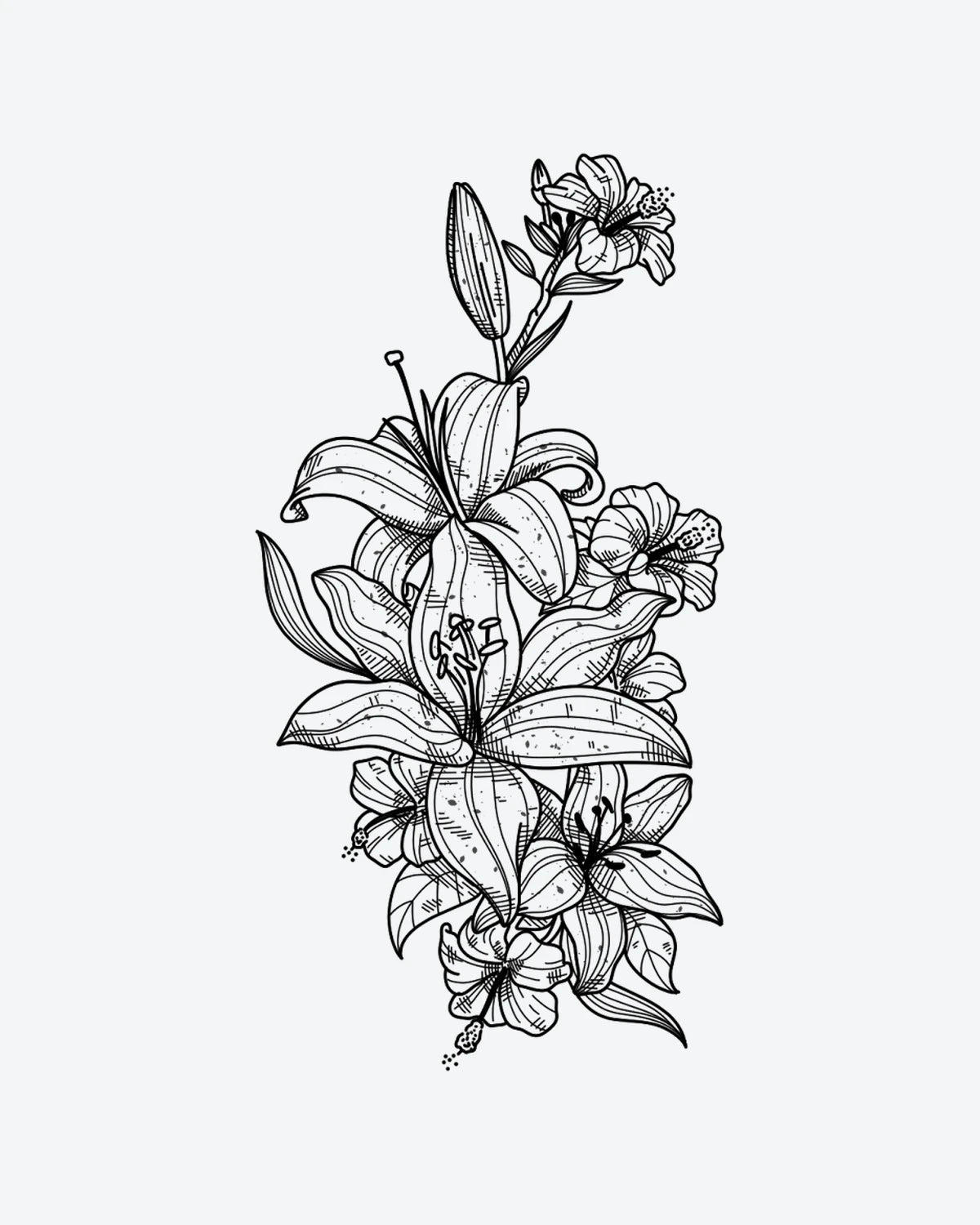 Lush Lilies semi-permanent tattoo design by INKY – Fine Line, Flower, Bud illustration, 4 x 7 in (10x17 cm), available at inkytatt.com