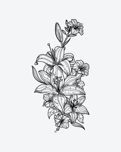 Lush Lilies semi-permanent tattoo design by INKY – Fine Line, Flower, Bud illustration, 4 x 7 in (10x17 cm), available at inkytatt.com