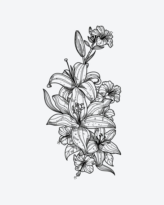 Lush Lilies semi-permanent tattoo design by INKY – Fine Line, Flower, Bud illustration, 4 x 7 in (10x17 cm), available at inkytatt.com