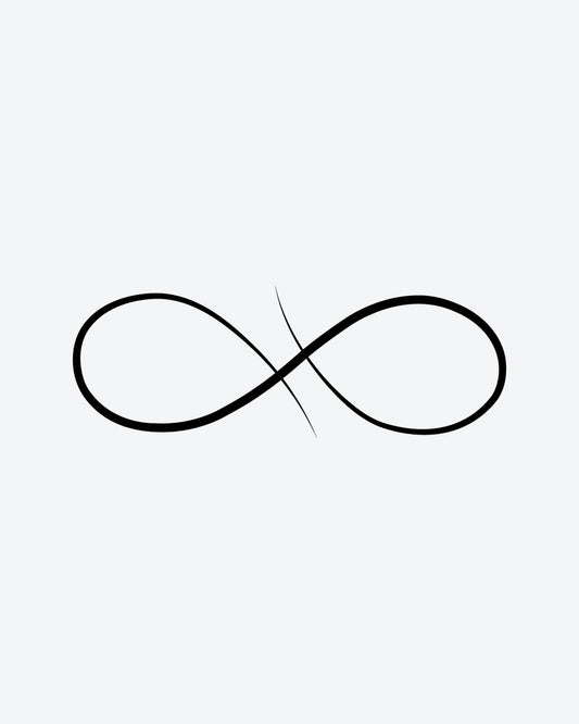 Infinity Flow semi-permanent tattoo design by INKY – Infinity Symbol, Fine Line, Crosses illustration, 0.5 x 0.5 in (1x1 cm), available at inkytatt.com