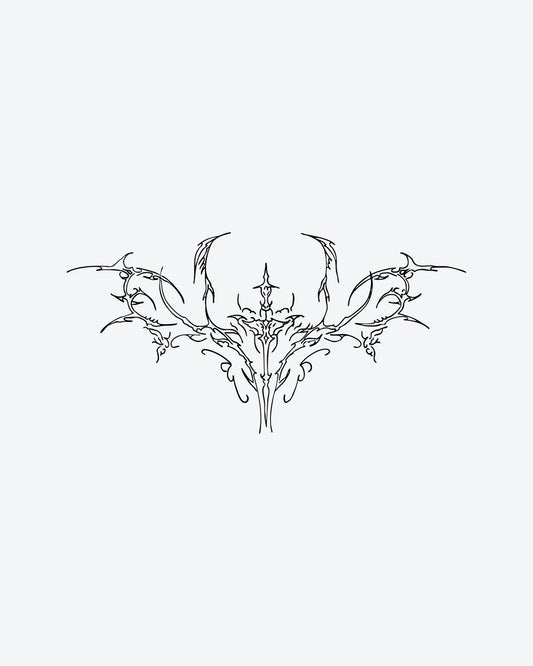 Dark Crest semi-permanent tattoo design by INKY – Fine Line illustration, 4 x 8 in (11x20 cm), available at inkytatt.com